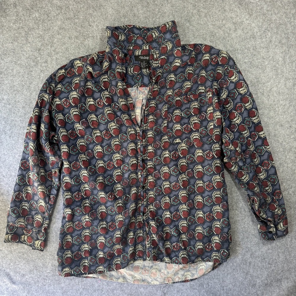 Volare‎ Geometric Hexagon Button Down Large Blue Maroon Silk Cotton Blend